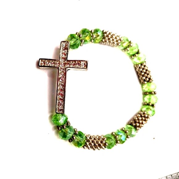 Faceted Multi Colored 8"Beaded Rhinestone Cross Bracelets Lot Of 2 - Picture 3 of 6